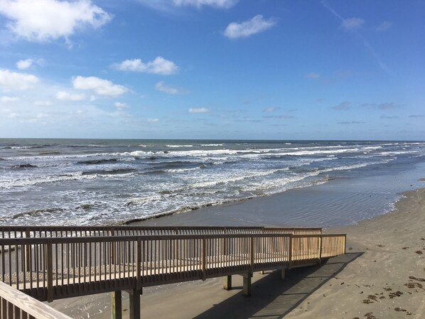 On the beach, sun loungers