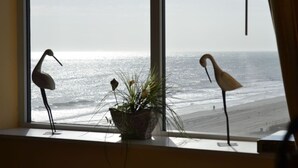 A window with a view of the ocean, a potted plant, and two decorative bird figures. - Direct Oceanfront 3BR/2BA, Park on same level as condo (Myrtle Beach)
