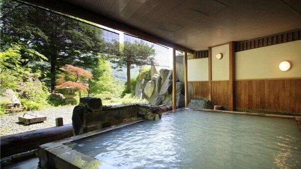 Un onsen japonais traditionnel offrant une vue sur une zone boisée et doté d’un bain en pierre.
