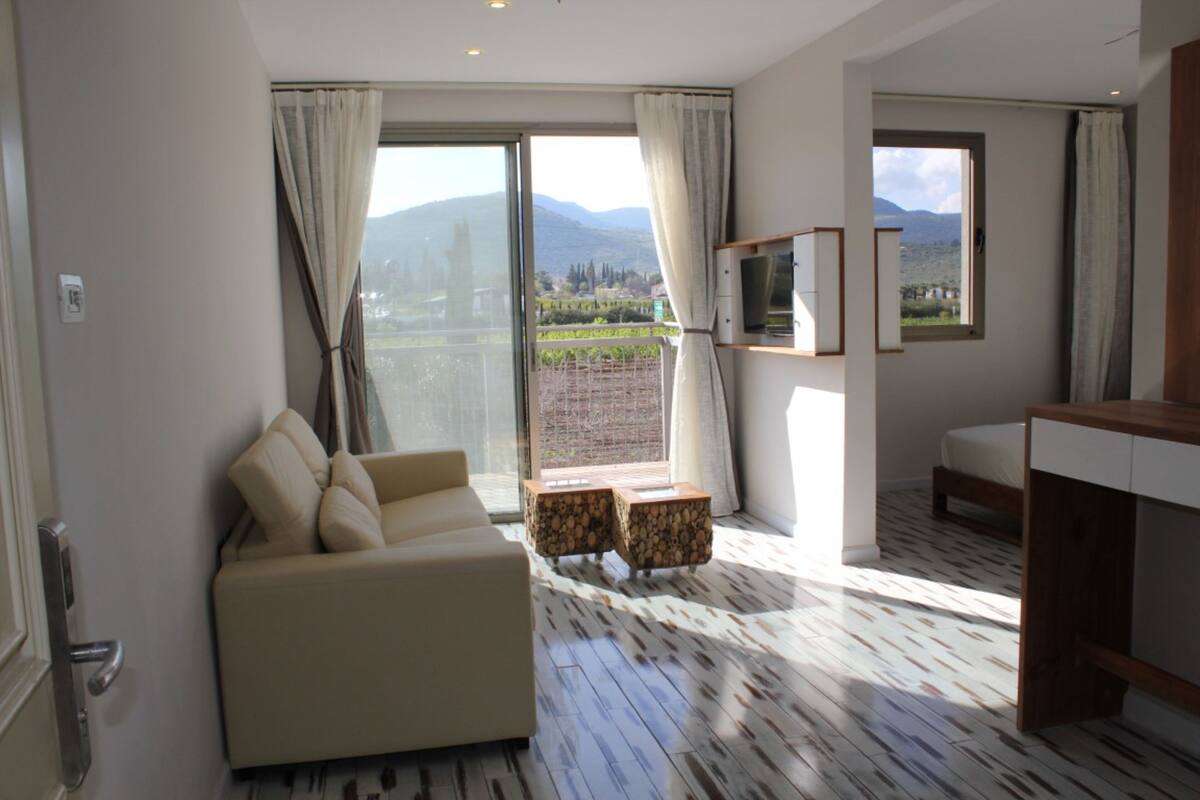 A modern living room with a sofa, a TV mounted on the wall, and a large window with curtains.