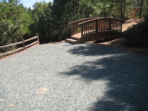 Walk across the curved bridge surrounded by lush greenery and dense trees.