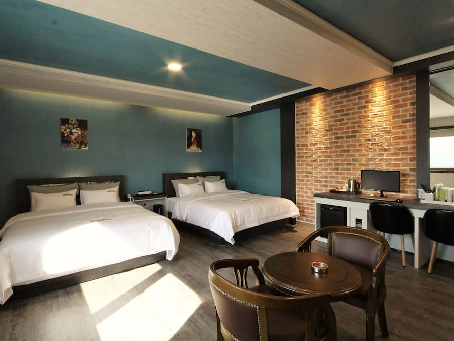 Individually decorated, individually furnished, desk, laptop workspace