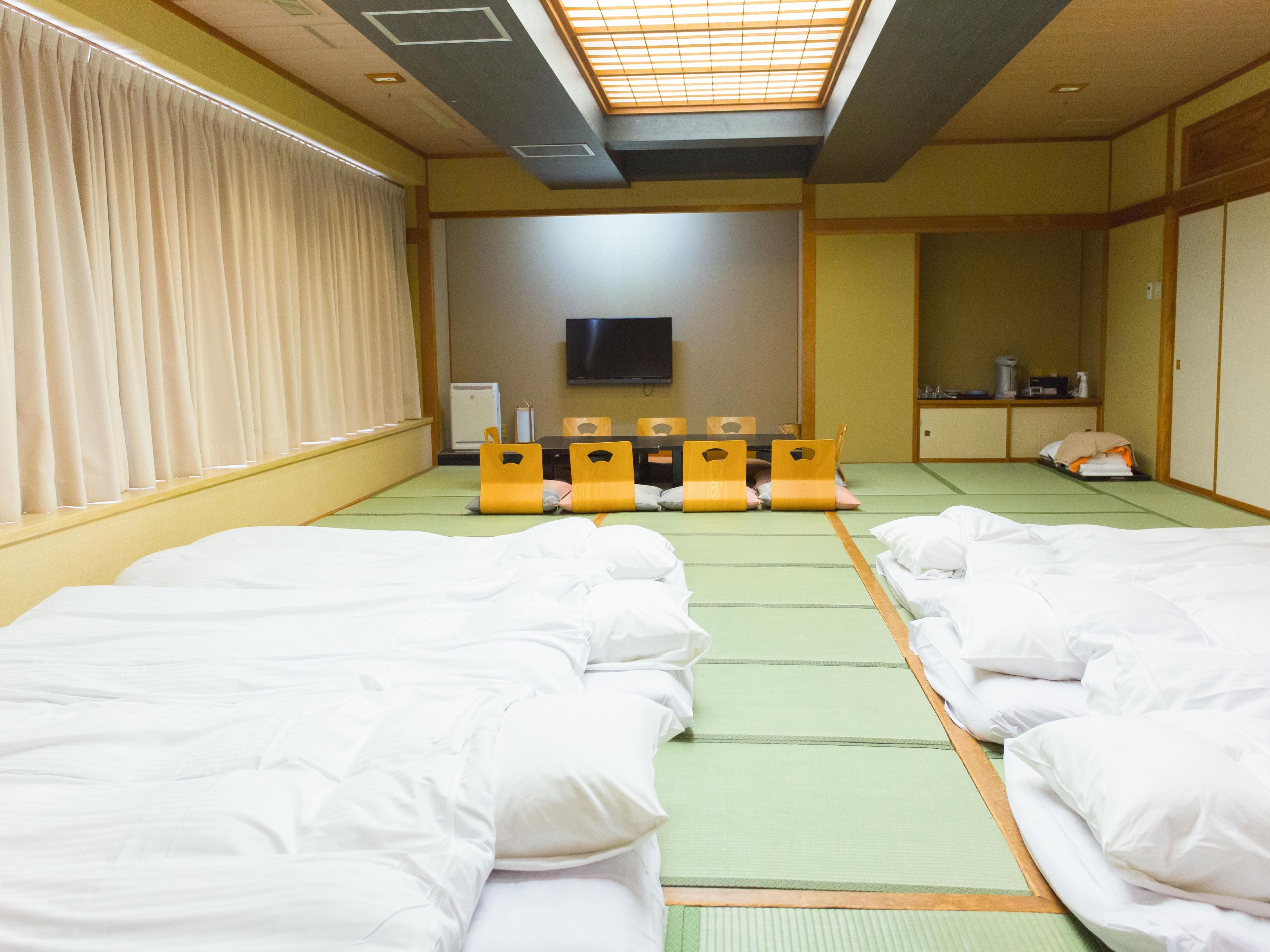 japanese style room for group, outdoor bath | in-room safe, desk, free wifi, bed sheets