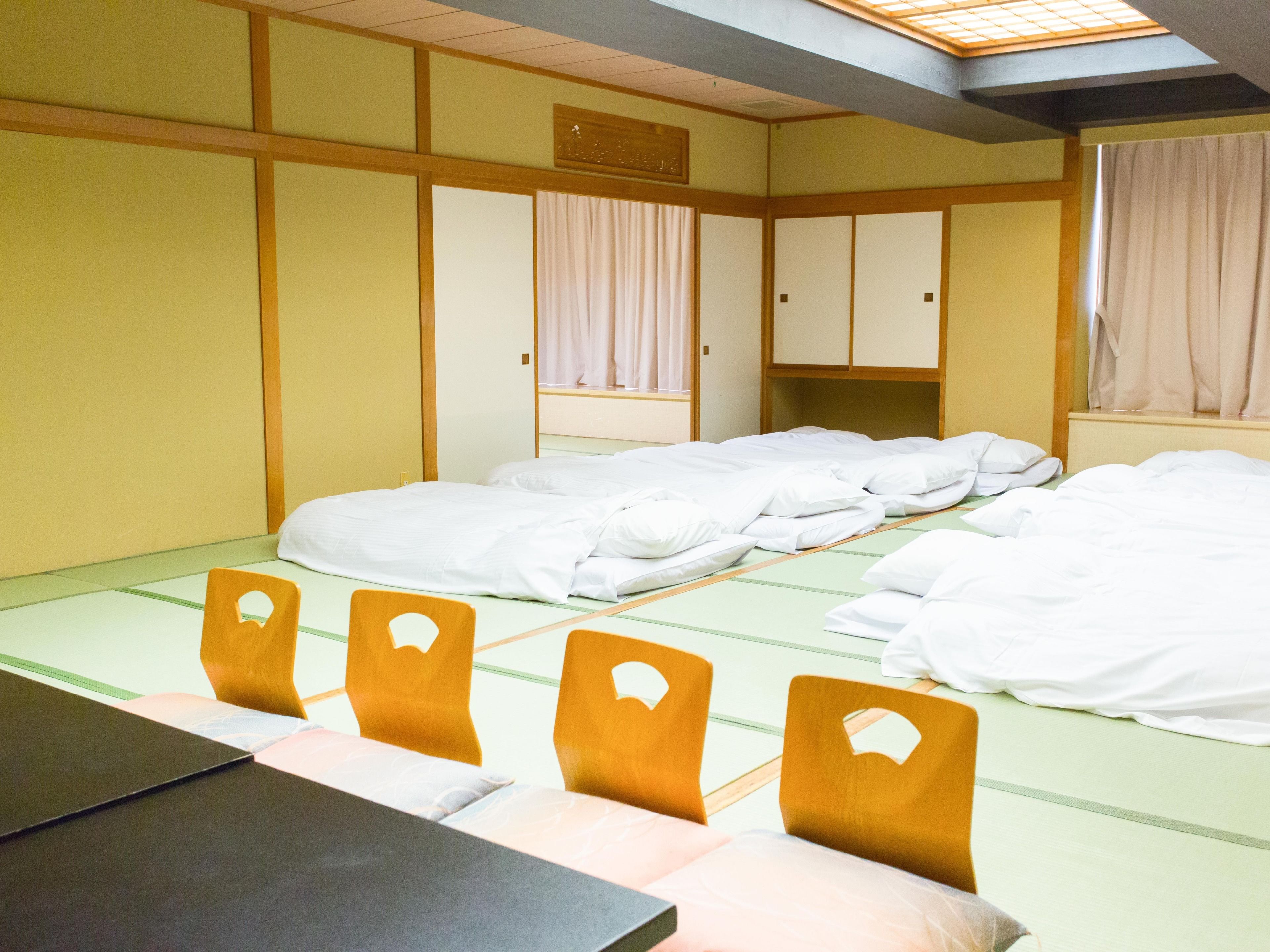 japanese style room for group, outdoor bath | in-room safe, desk, free wifi, bed sheets