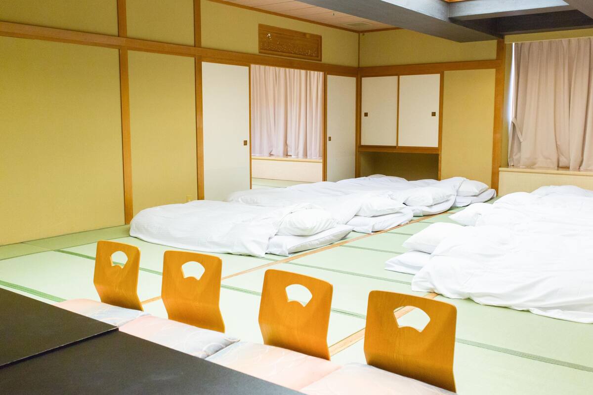 japanese style room for group, outdoor bath | in-room safe, desk, free wifi, bed sheets