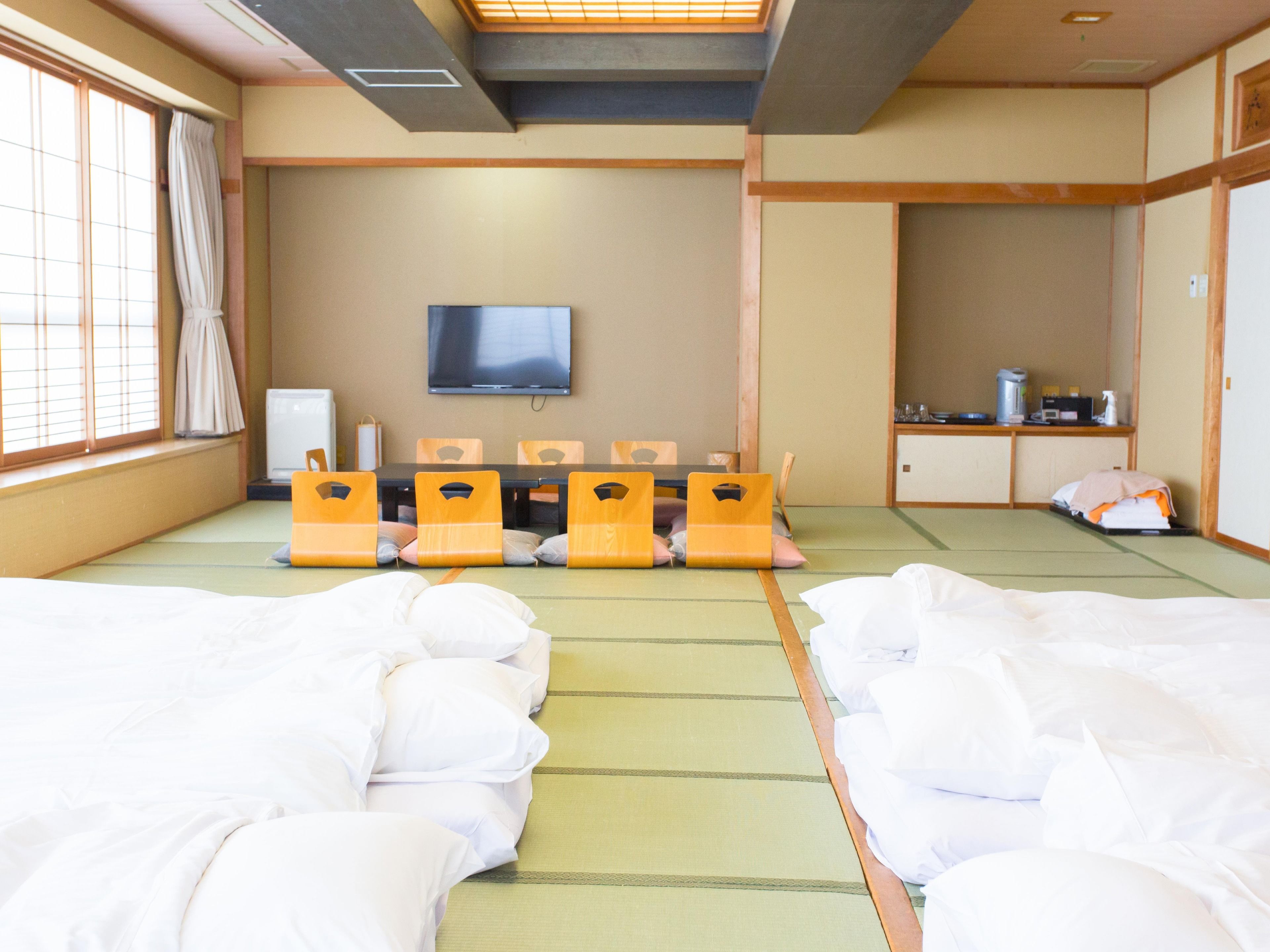 japanese style room for group, outdoor bath | in-room safe, desk, free wifi, bed sheets