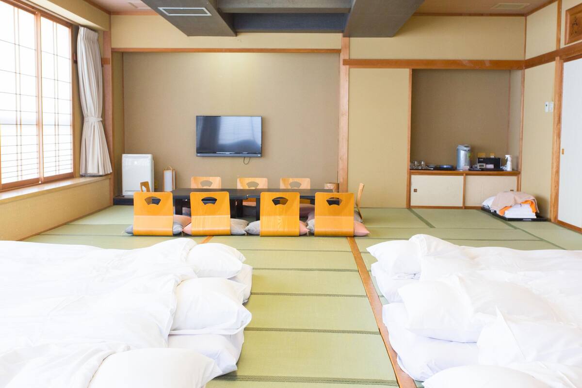 japanese style room for group, outdoor bath | in-room safe, desk, free wifi, bed sheets