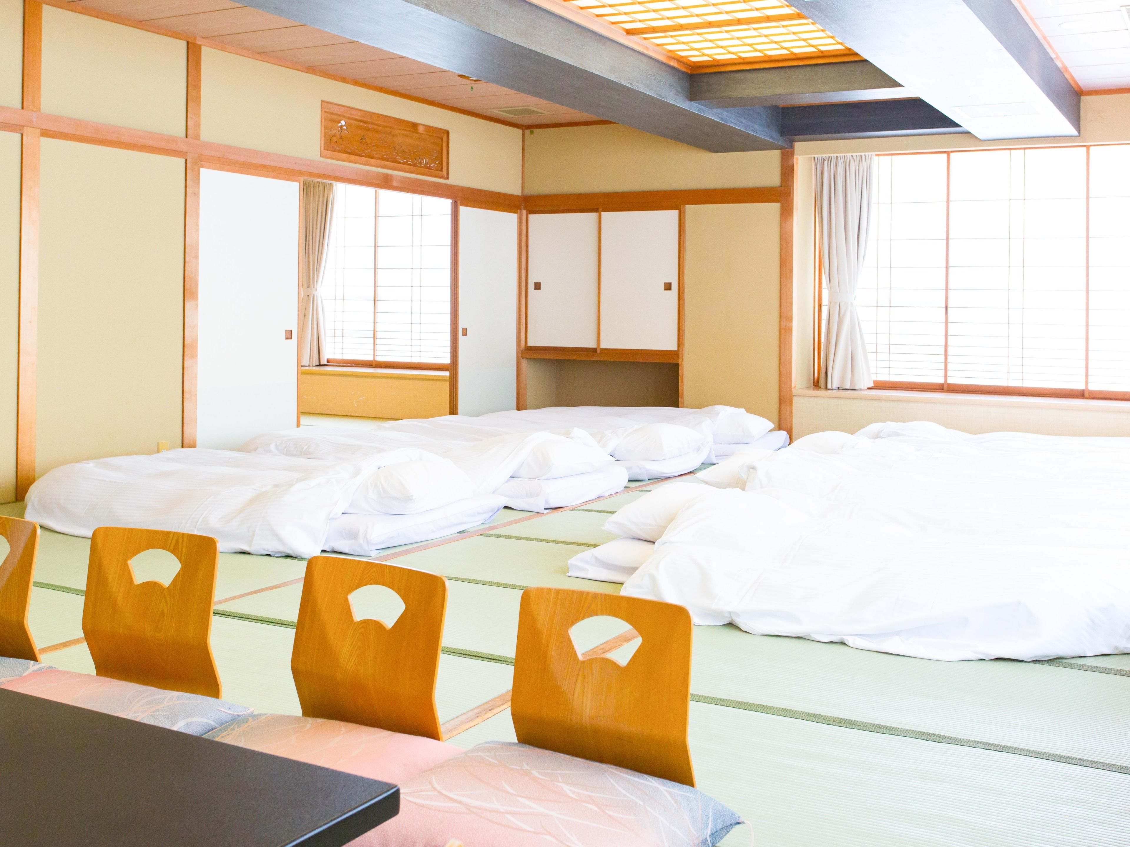 japanese style room for group, outdoor bath | in-room safe, desk, free wifi, bed sheets