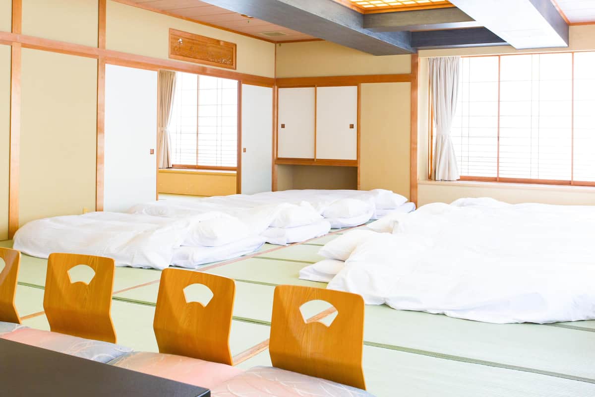 japanese style room for group, outdoor bath | in-room safe, desk, free wifi, bed sheets