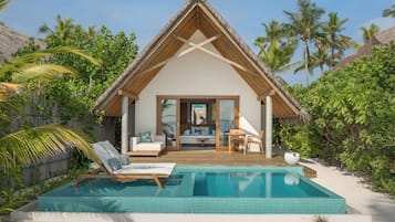 Beach Sunset Villa with private pool and Free access to sea plane lounge on Arrival | Premium bedding, minibar, in-room safe, individually furnished