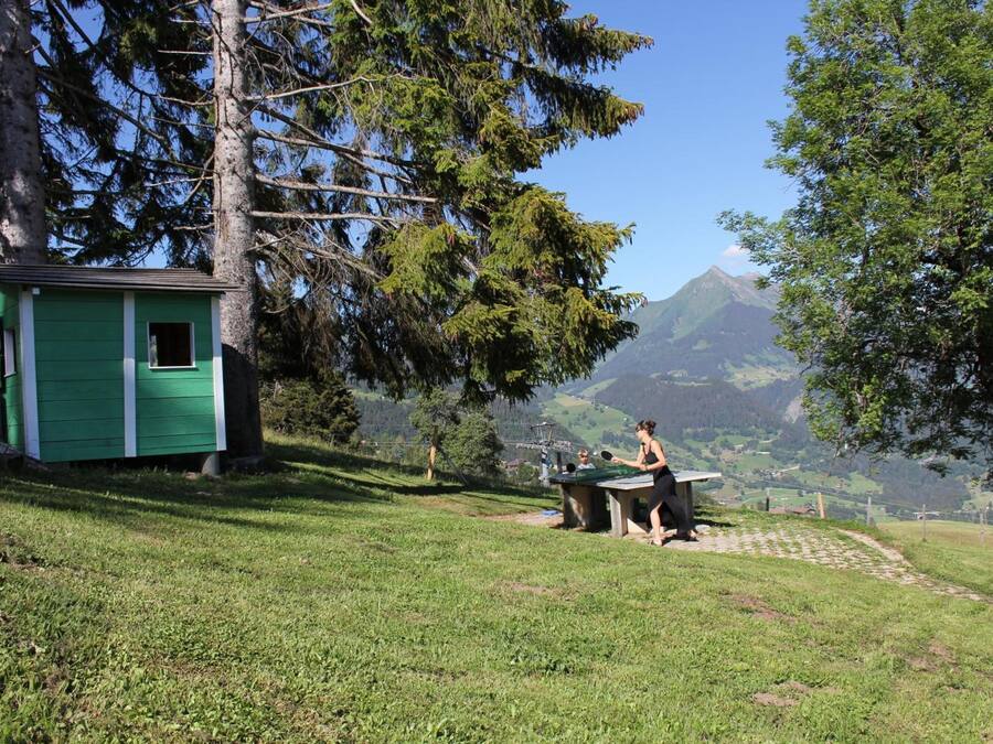 A green cabin with a small window, surrounded by trees and a mountainous landscape.