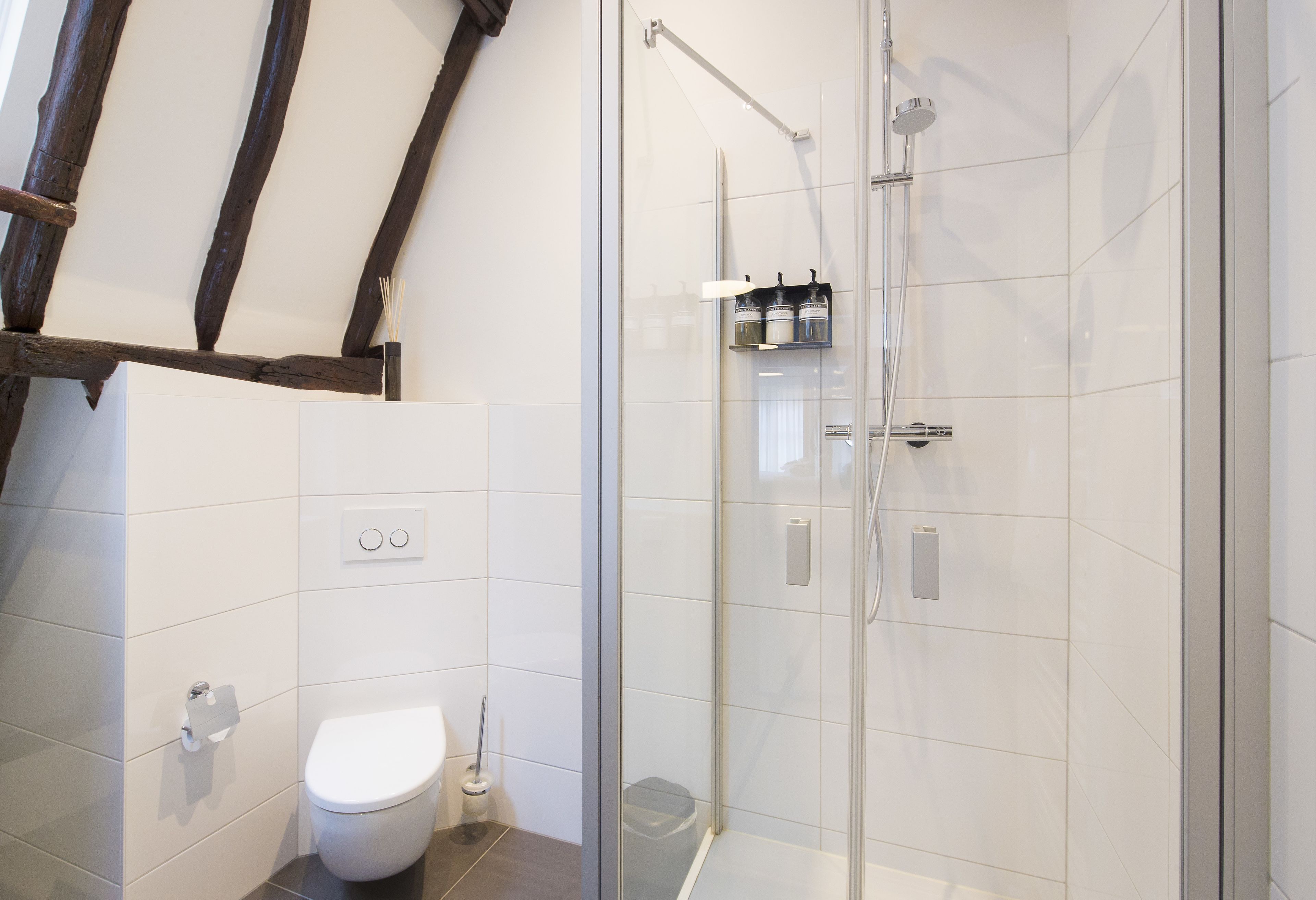 A modern bathroom with a glass-enclosed shower, a toilet, and a shelf with toiletries.
