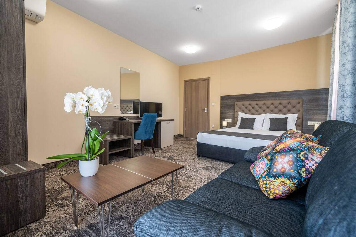 A hotel room with a bed, a desk, a chair, a small table with a plant, and a sofa with a colorful pillow.