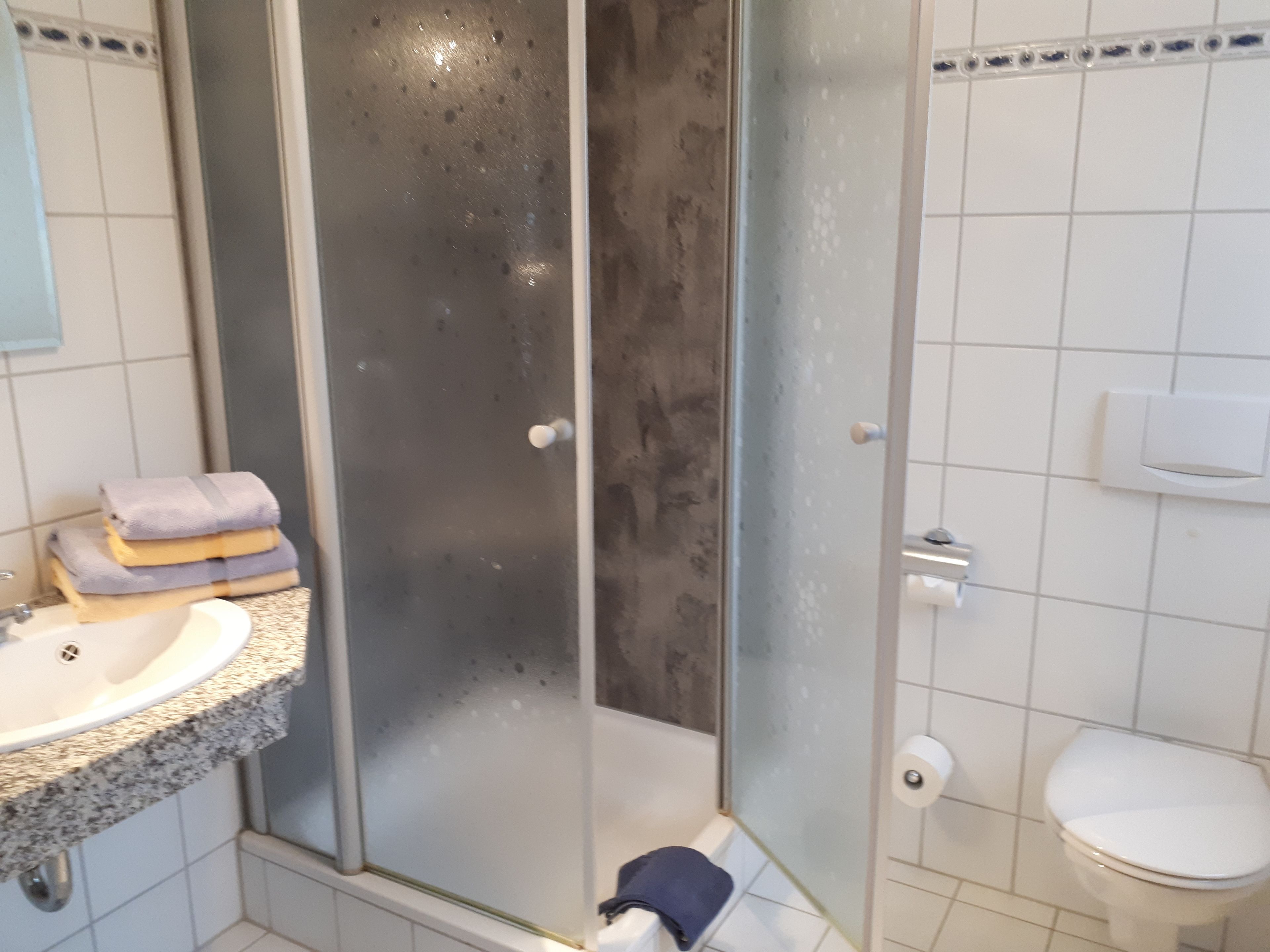 A bathroom with a shower, sink, and toilet.