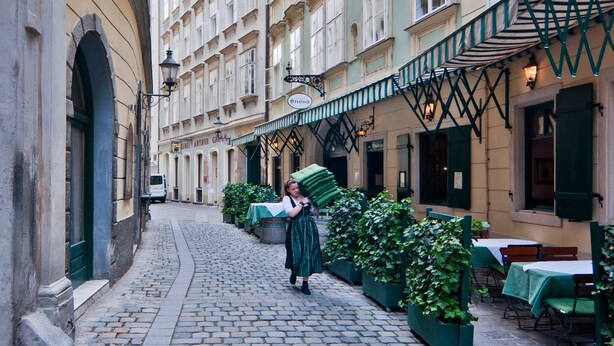A cobblestone street lined with historic buildings, a woman in traditional attire, and outdoor seating areas. - ElegantVienna Apartments (Vienna)