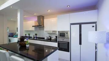 Full-sized fridge, microwave, oven, stovetop