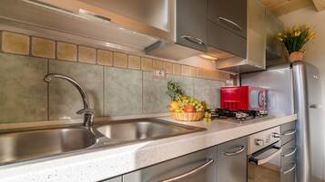 Full-size fridge, microwave, oven, stovetop