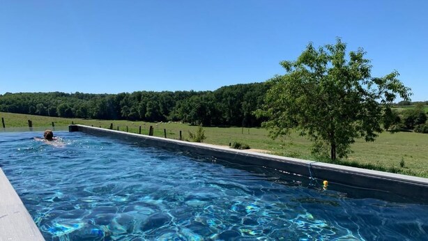 A swimming pool with clear water, surrounded by a wooden deck and a grassy area with trees. - La Ferme du Bonheur (Arbigny)