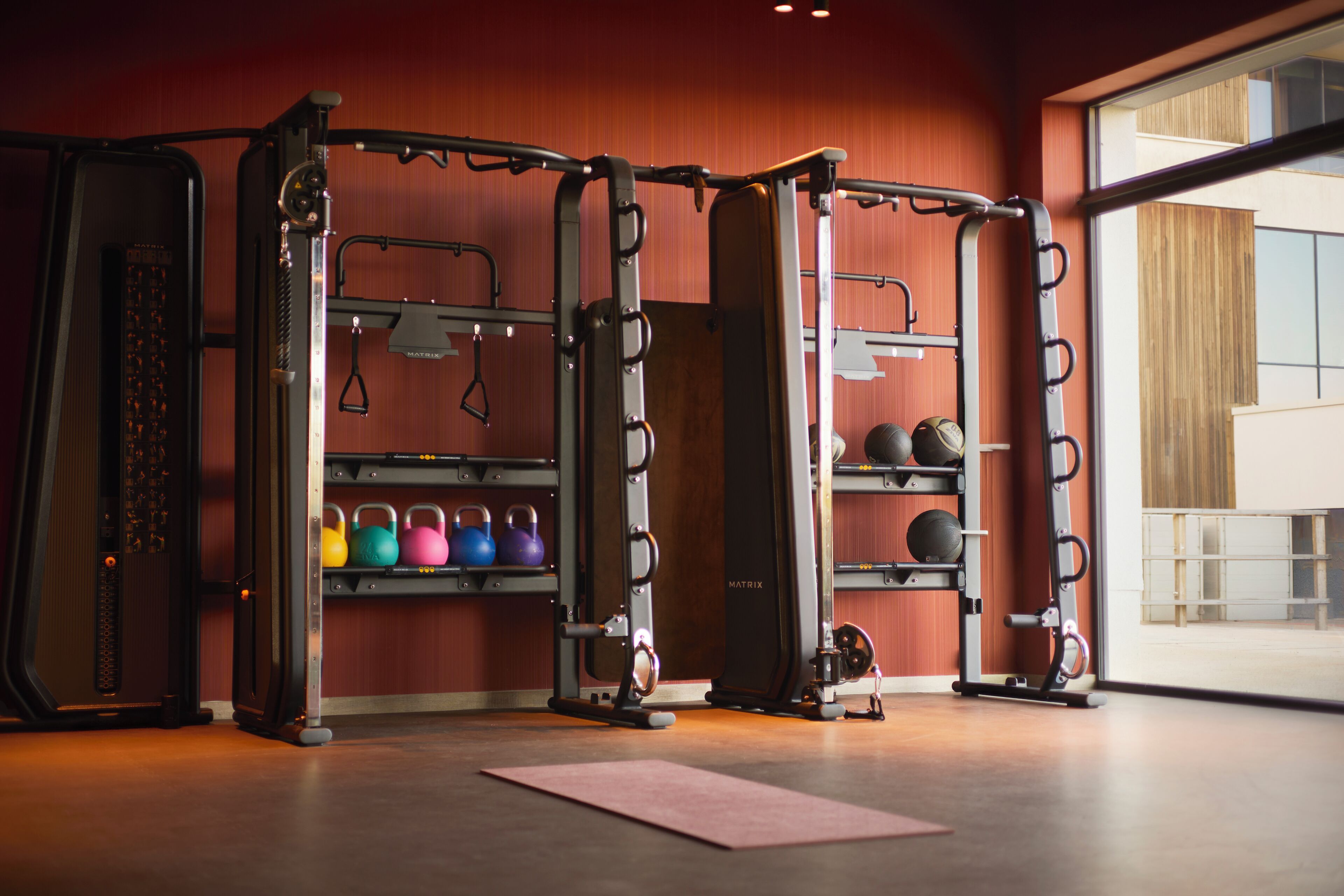 Une salle de sport équipée d’une barre de traction, de poids et d’un tapis de yoga.