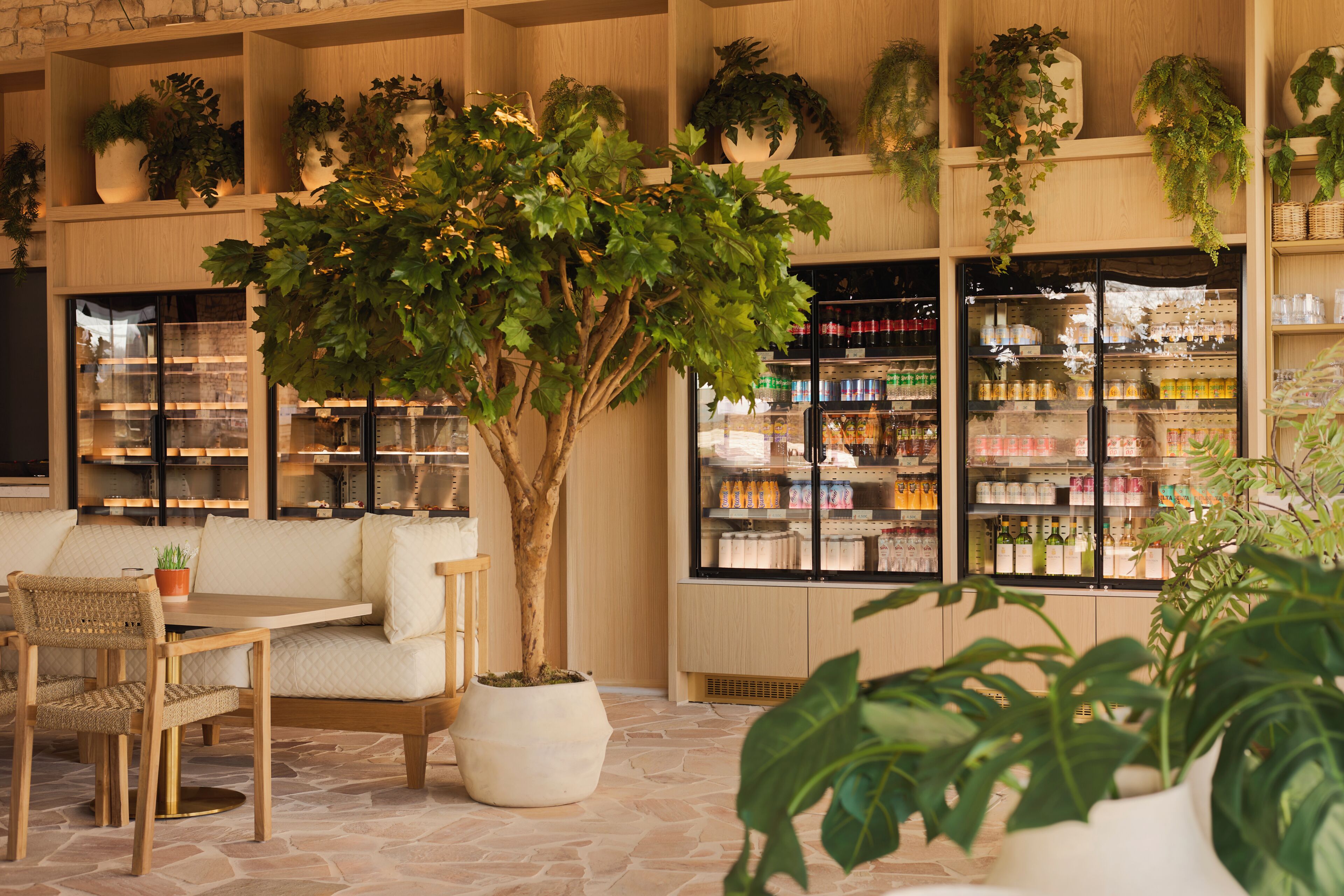 Un espace de détente intérieur, chaleureux, avec un grand arbre, des étagères remplies de plantes et un présentoir réfrigéré.