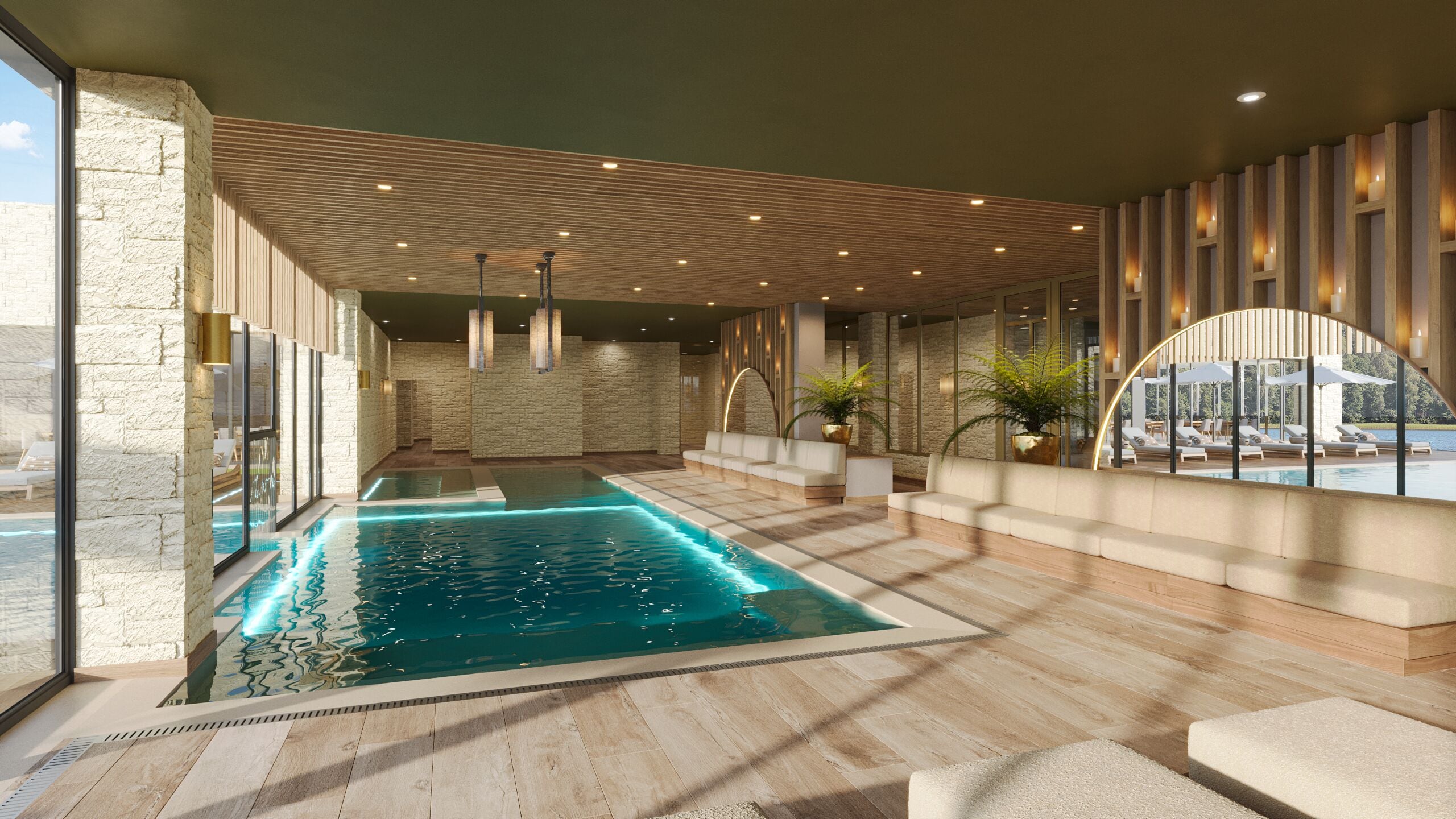 indoor pool, outdoor pool, open 8:00 am to 10:00 pm, pool loungers