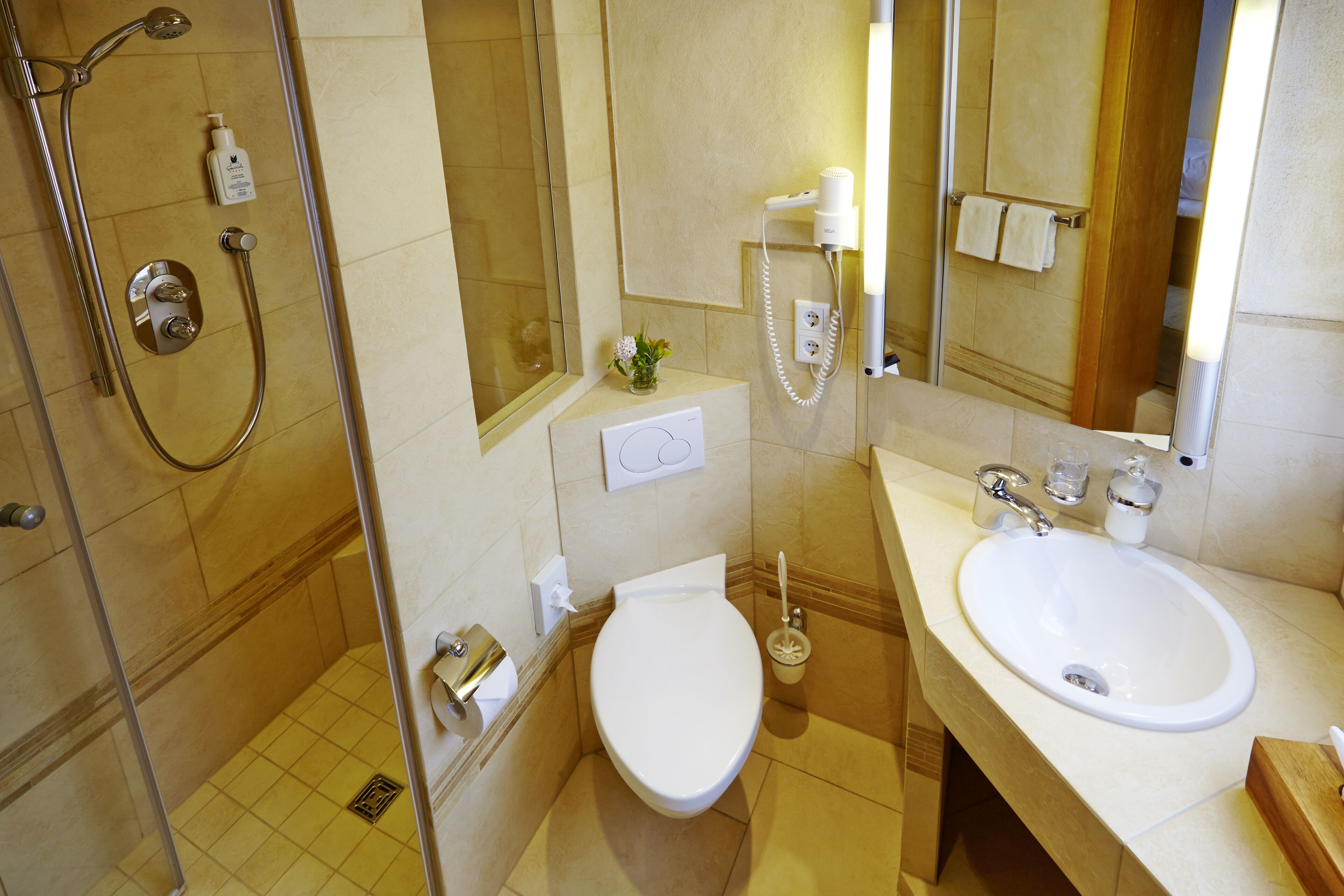 Une salle de bain équipée d’une douche, de toilettes, d’un lavabo et d’un miroir.