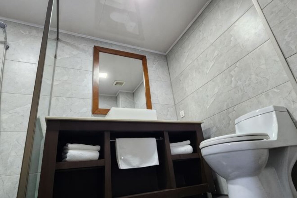 A bathroom with a white toilet, a mirror, and a sink with a wooden cabinet.