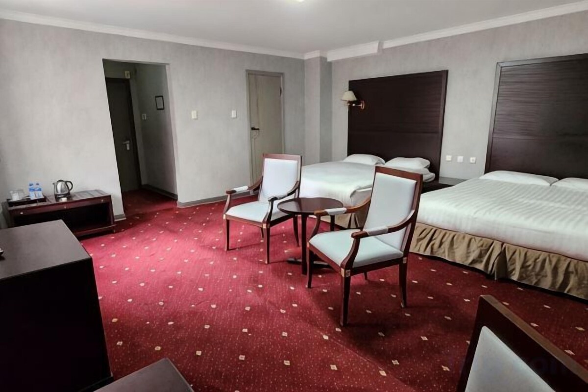 Minibar, una scrivania, postazione laptop, ferro/asse da stiro