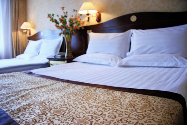 Minibar, desk, laptop workspace, iron/ironing board