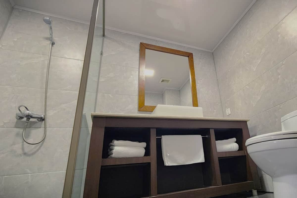 Combined shower/bathtub, hair dryer, slippers, towels