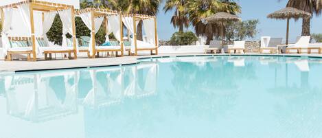 Outdoor pool, pool umbrellas, pool loungers