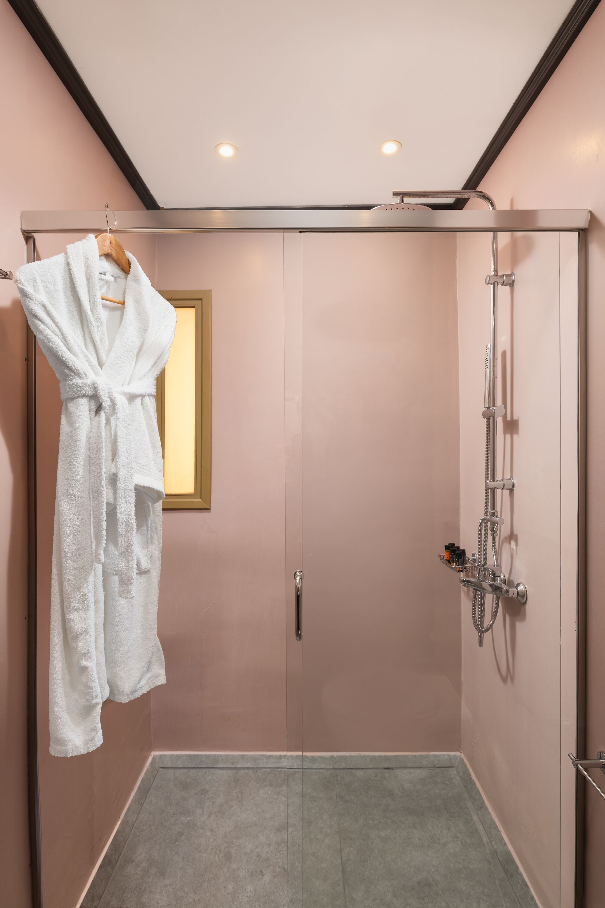 A walk-in shower with a glass door, a robe hanging on a hook, and a framed picture on the wall.