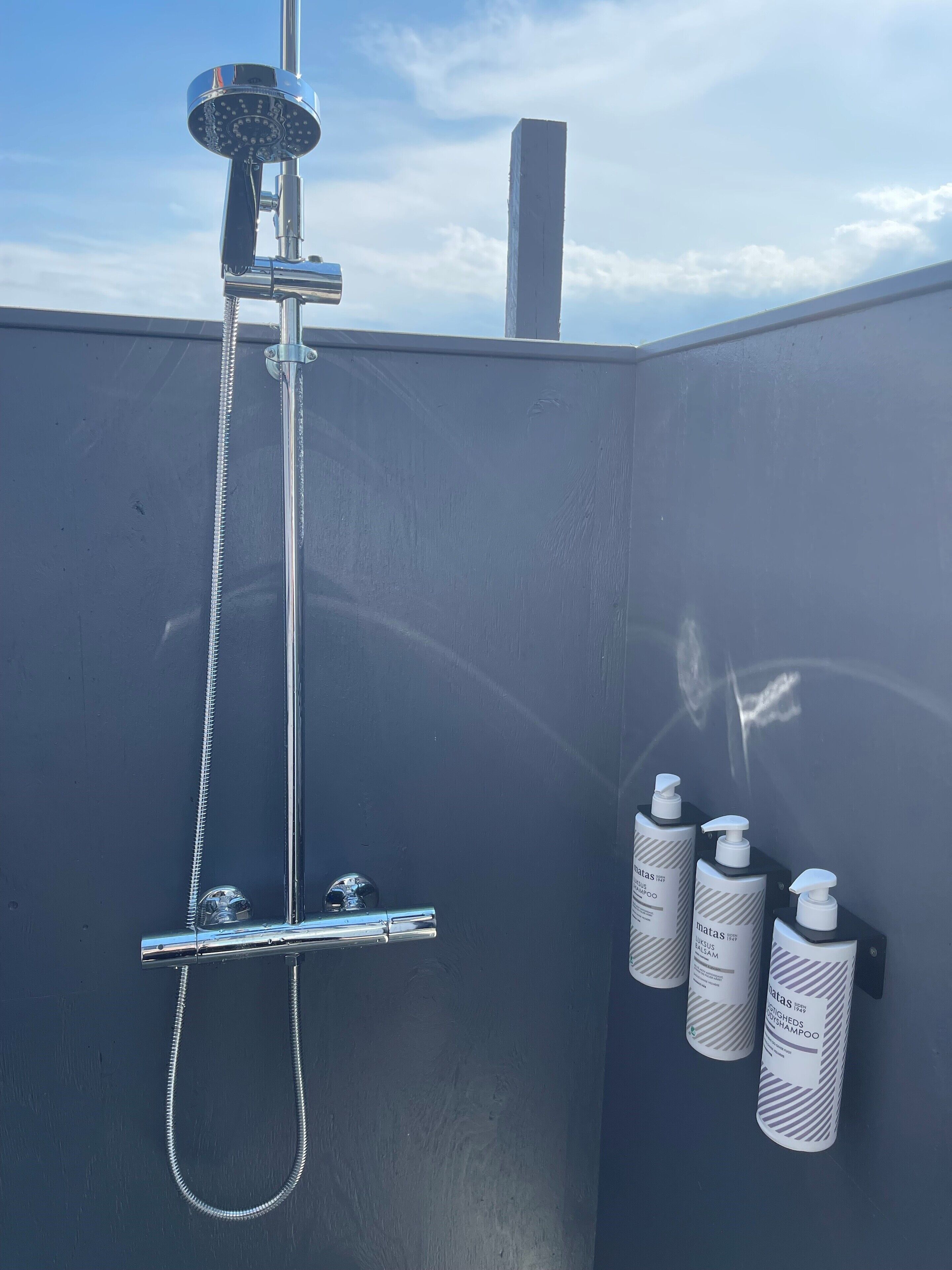 En bruser med håndbruser og brusearmatur på væggen, samt tre shampoo flasker på væggen.