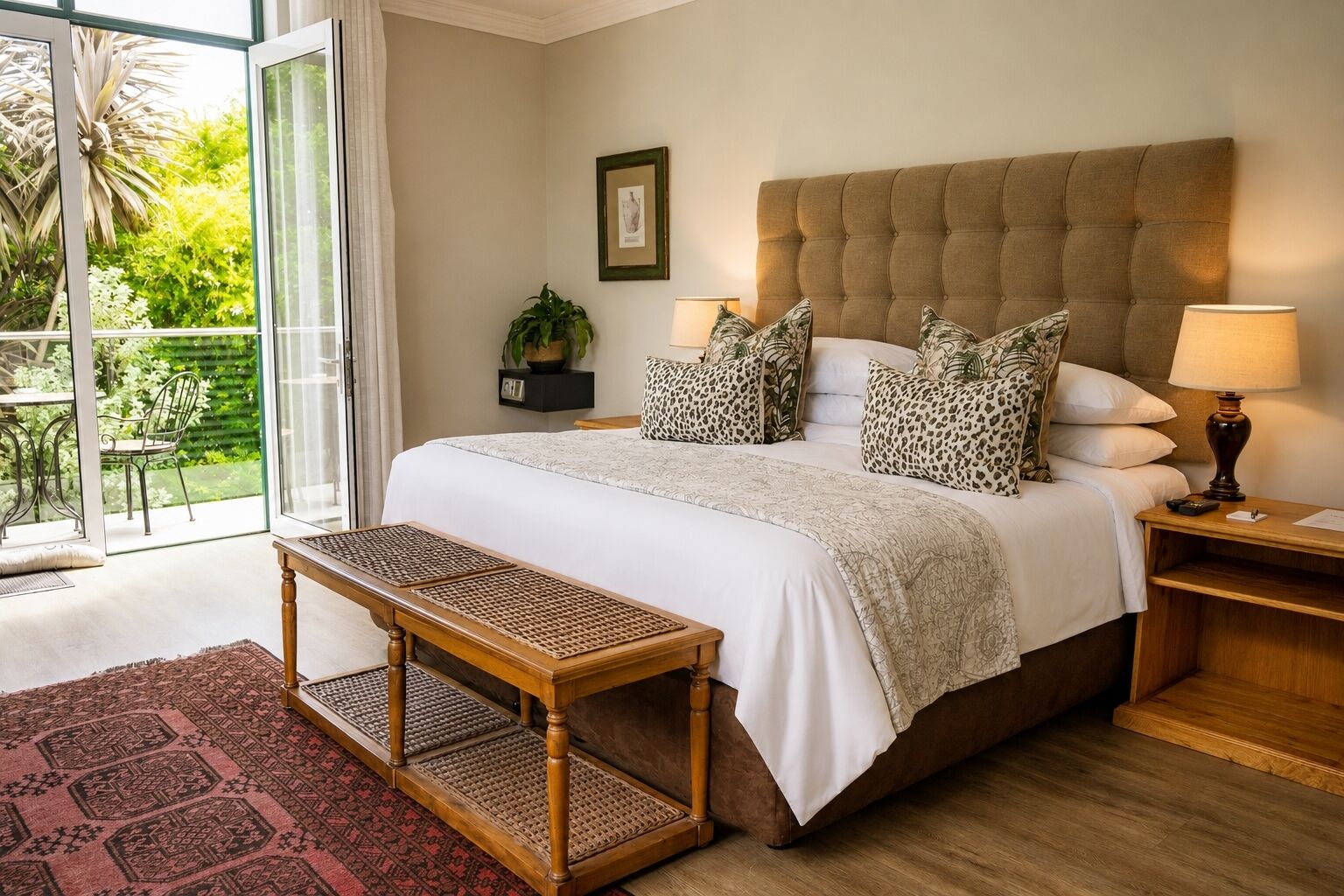 Ein Schlafzimmer mit einem großen Bett, Nachttischen, einer Bank und Blick auf Grünflächen.