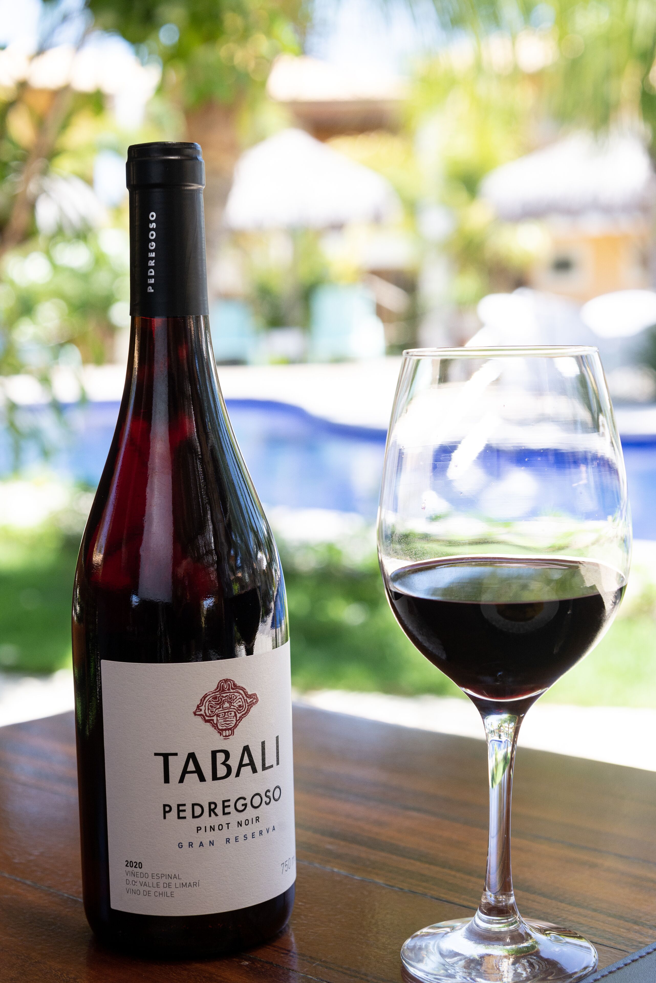 A bottle of Tabali Pedregoso Pinot Noir wine and a glass of wine on a wooden table.