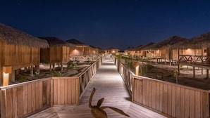 Un sentier en bois mène à des bungalows sur pilotis, coiffés de toits de chaume, sous un ciel étoilé.