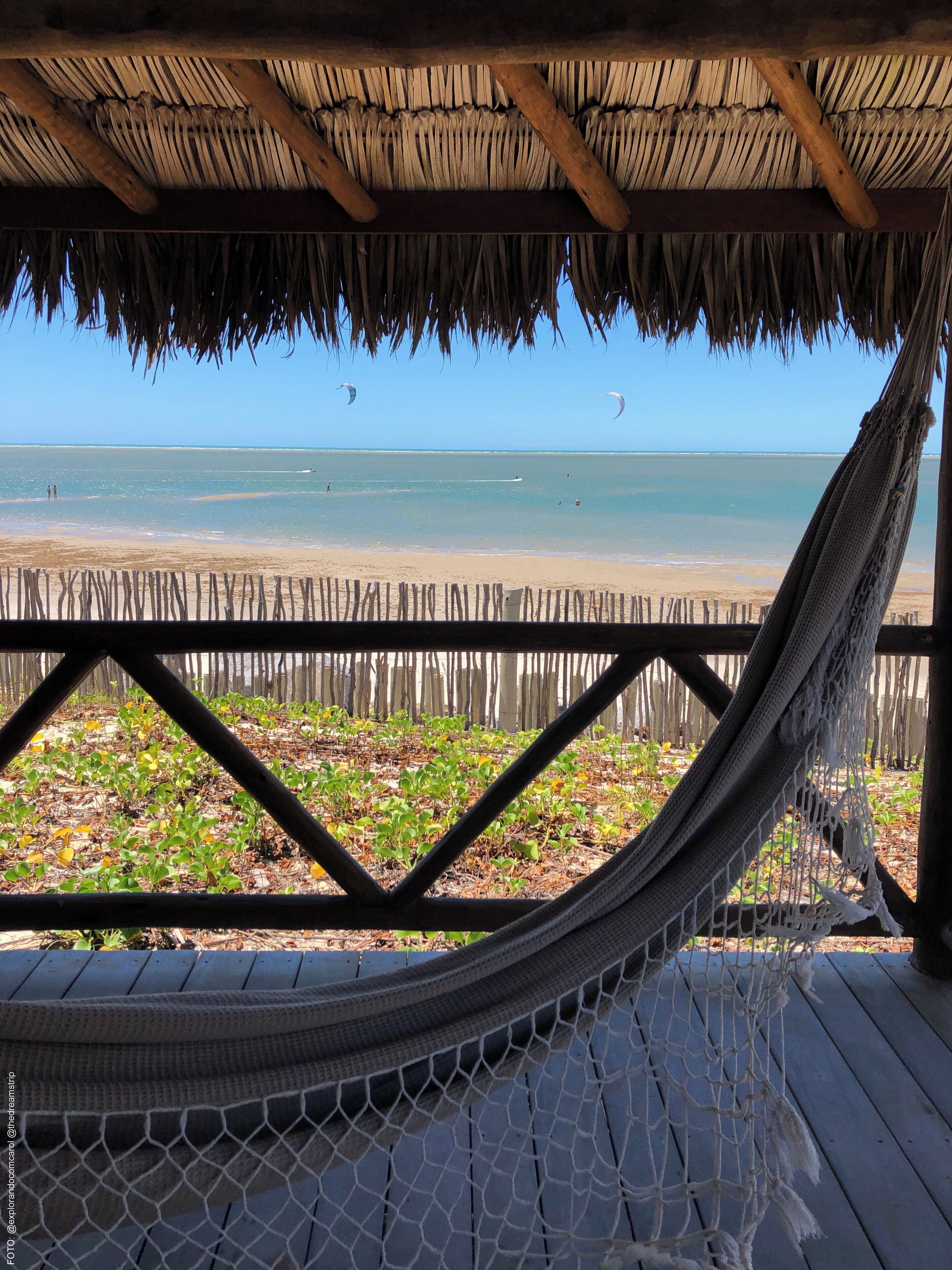 A hammock under a thatched roof, overlooking a beach with a wooden fence and vegetation.