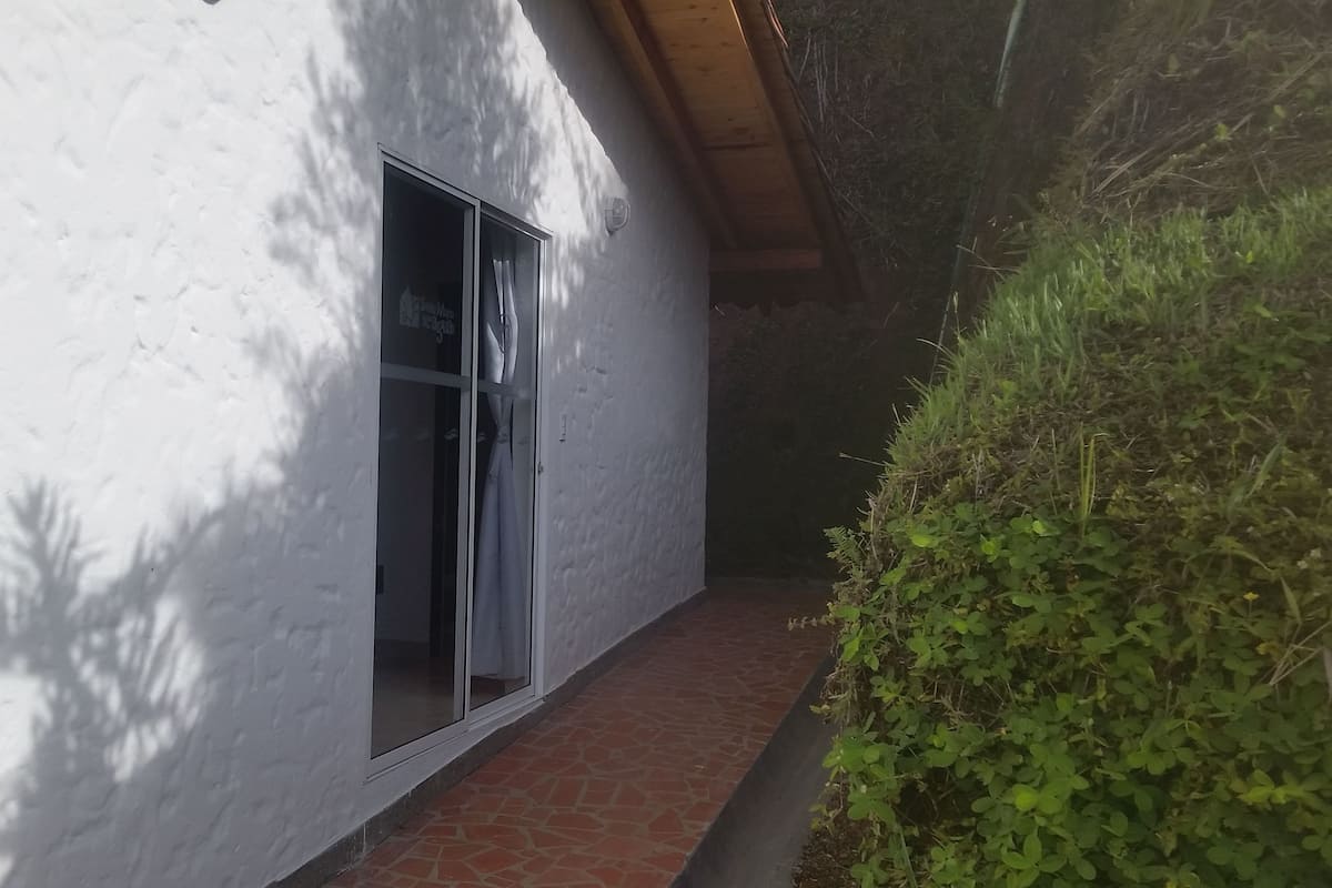 A white building with a glass door and a brick pathway leading to it.