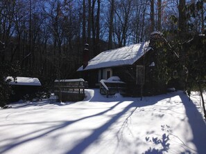 Une cabane dont le toit est recouvert de neige, entourée d’arbres et sous un ciel dégagé.