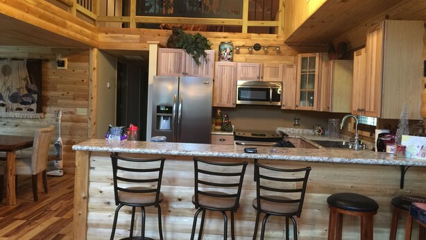 Interior de una cabaña de madera con cocina que incluye un refrigerador de acero inoxidable, un microondas, un lavamanos y una zona de bar con taburetes.
