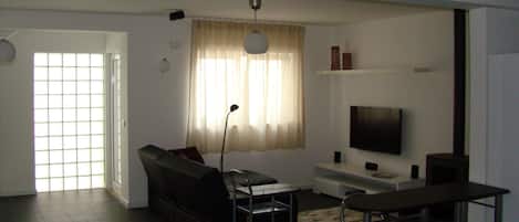 Télévision, cheminée, lecteur de DVD, chaîne hi-fi