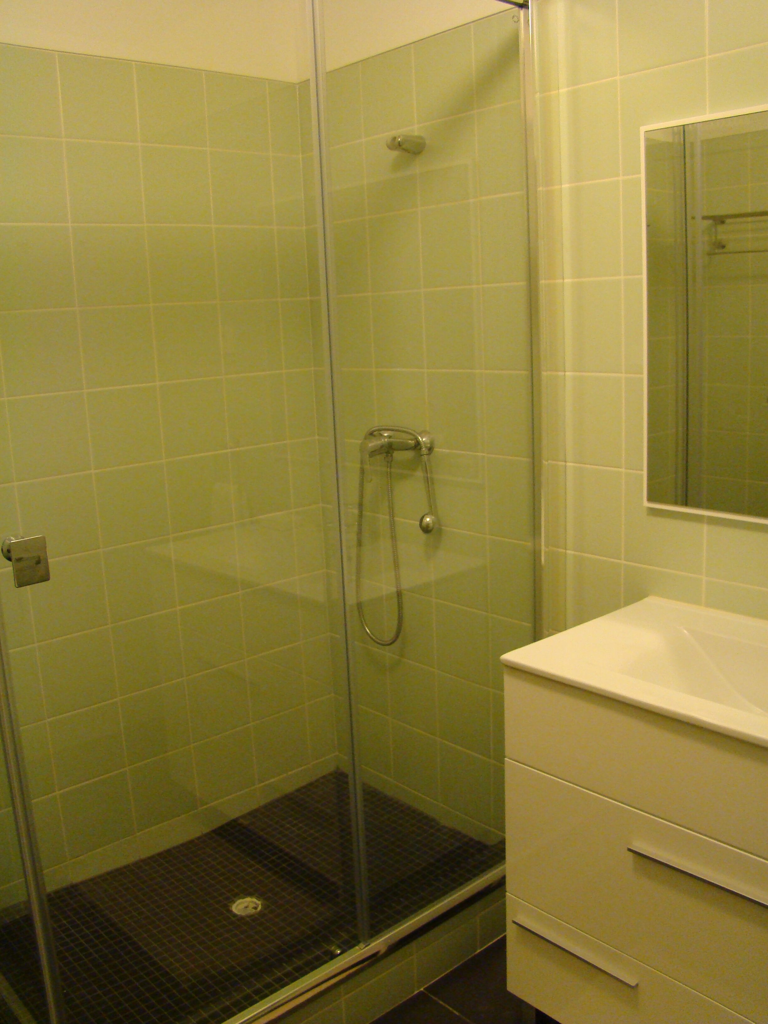 A glass-enclosed shower stall with a white sink and mirror.