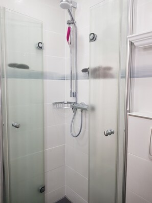 Shower, hair dryer, towels