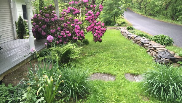 Une maison avec un porche, un jardin parsemé de fleurs roses et un mur de pierres le long de la route.