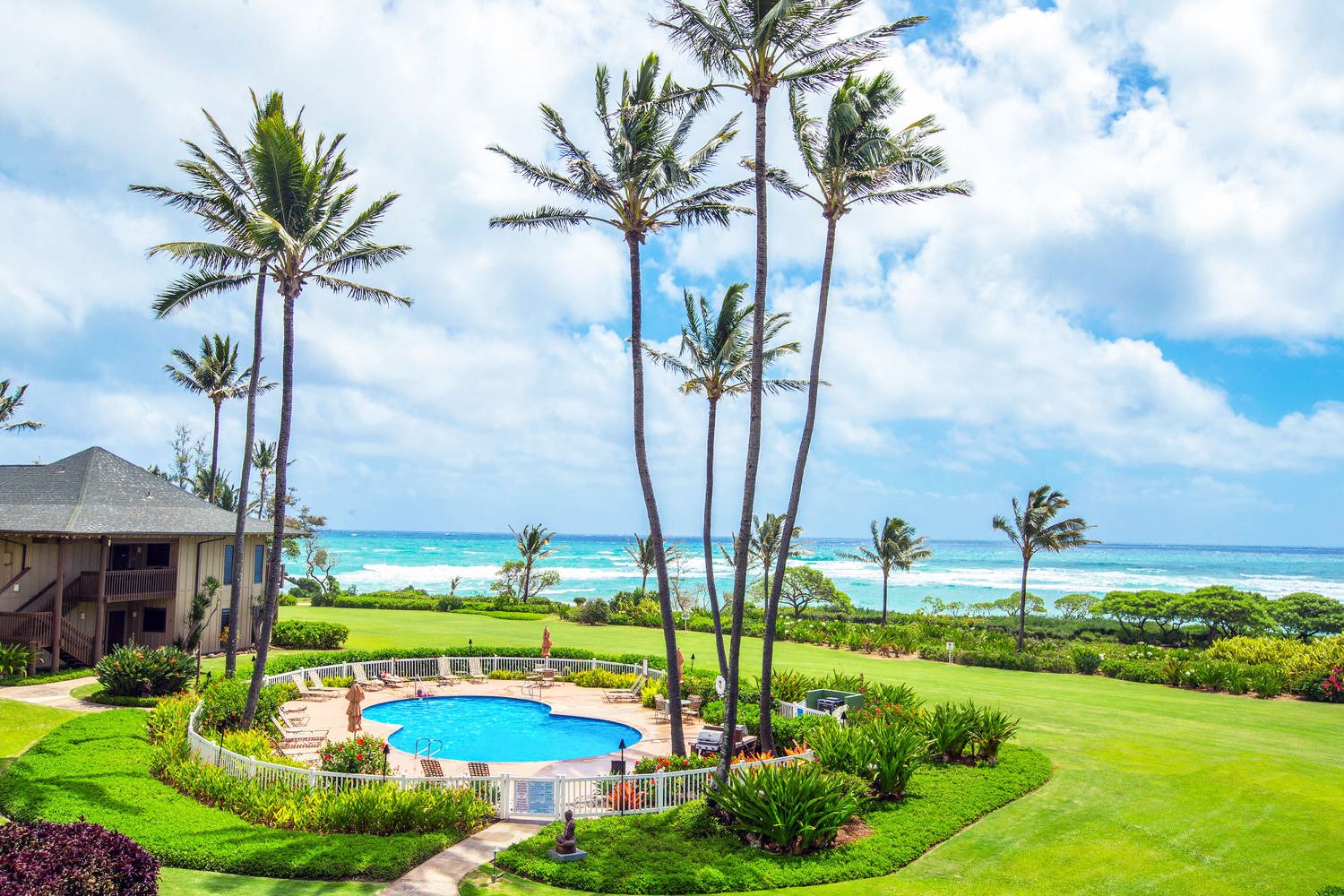 A pool surrounded by a lawn and palm trees, with a view of the ocean.