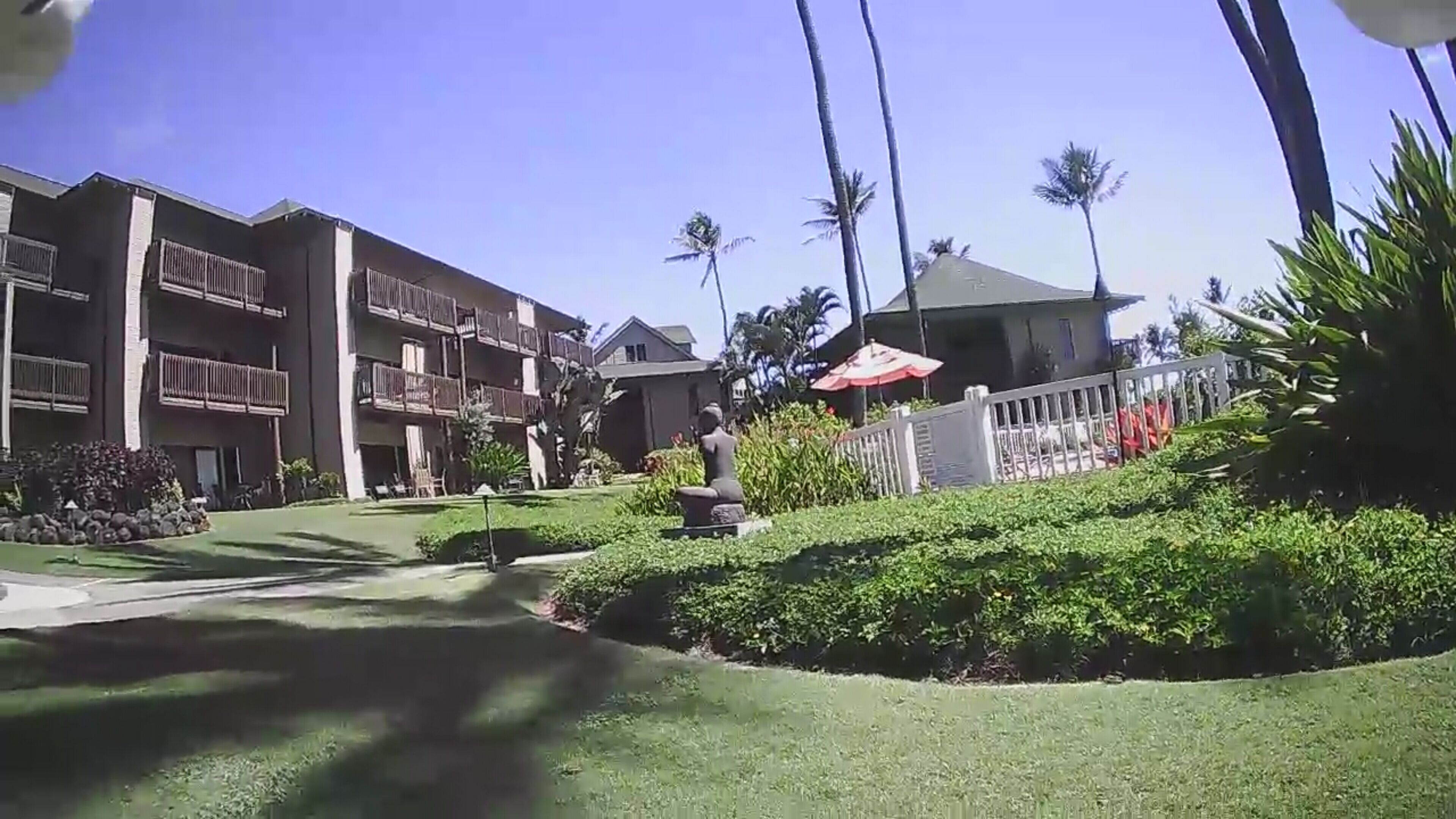 A multi-story building with balconies, a well-maintained lawn, and palm trees.