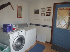 Une buanderie équipée d’un lave-linge, d’un tapis bleu et d’une porte avec une fenêtre.