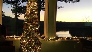 Un árbol de Navidad decorado con luces y adornos, situado cerca de amplios ventanales con vistas a un cuerpo de agua.