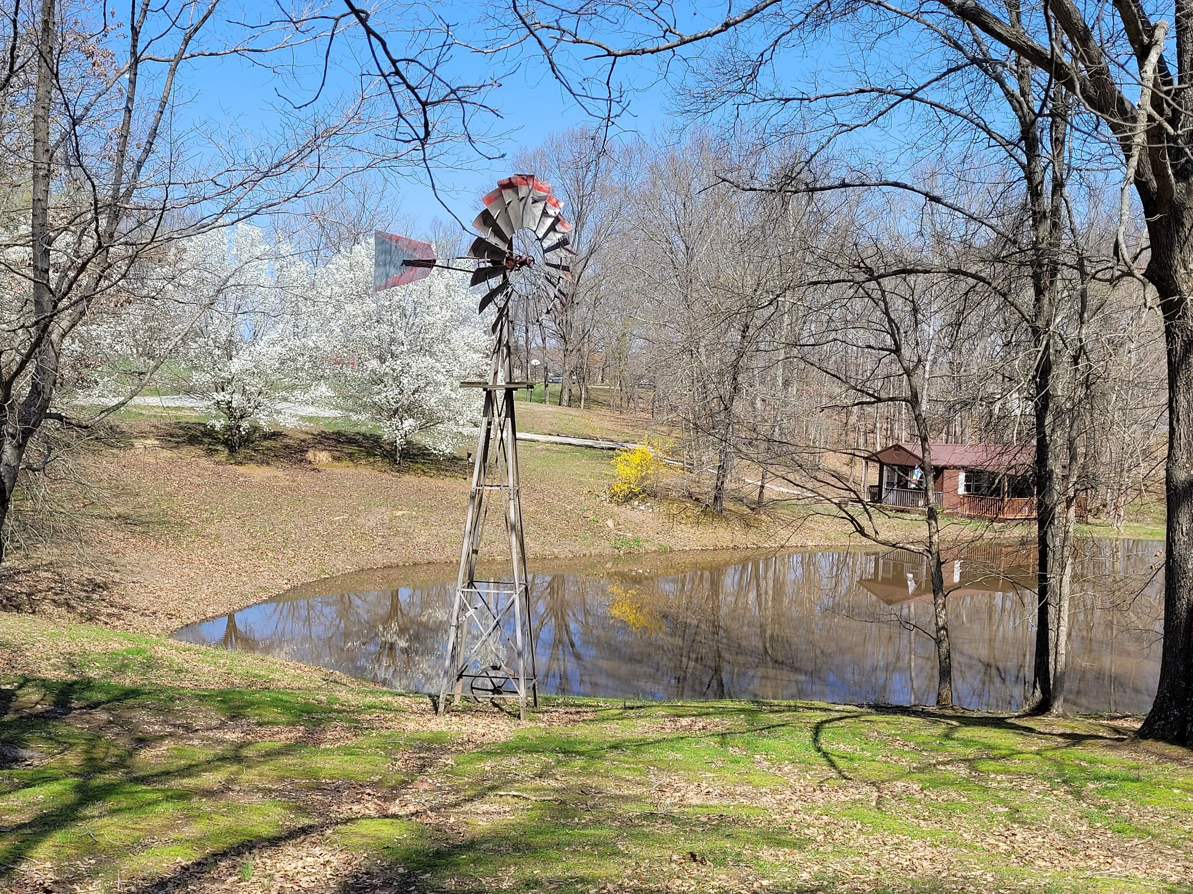 Un moulin à vent dans un parc, avec un étang, des arbres et un bâtiment en arrière-plan.