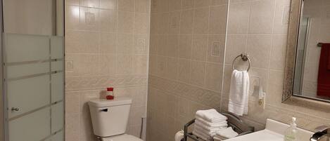 Une salle de bain avec des toilettes, un lavabo et un miroir.